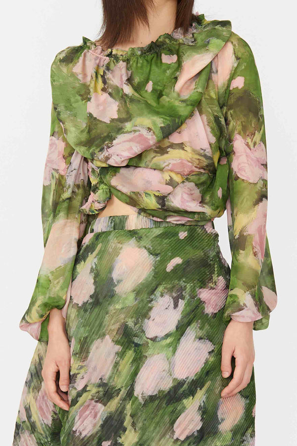 CAROLINE HU Pleated Chiffon Top AW21PKPRTT03S Pink Green Print PCH3